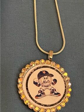 Gold-Tone Rhinestone Pendant Necklace with Sports Logo Charm